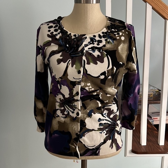 Cable & Gauge Floral abstract Jeweled Cardigan size PL - Picture 1 of 7